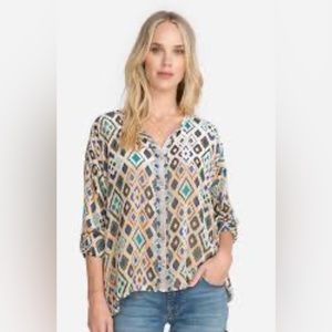 JOHNNY WAS Ikat burnout Button Down Blouse S 24” p2p Tan Multi $275 Retail NWOT